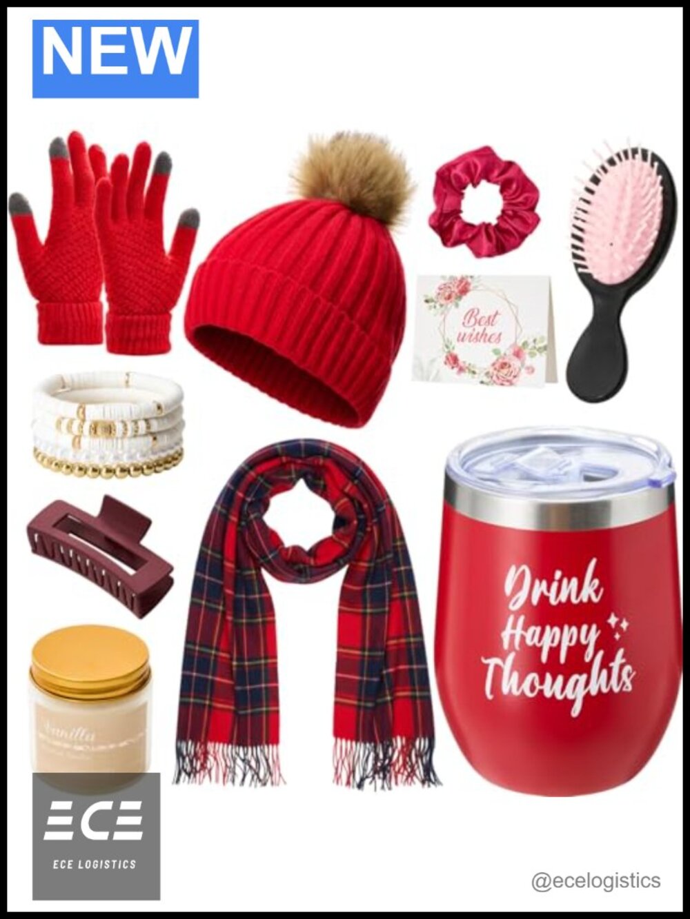 11 Pc Winter Gift Set Beanie Gloves Scarf Tumbler Candle for Women